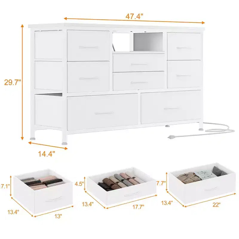Meuble TV pour chambre à coucher, table console TV avec 8 tiroirs et étagères ouvertes pour salon, couloir