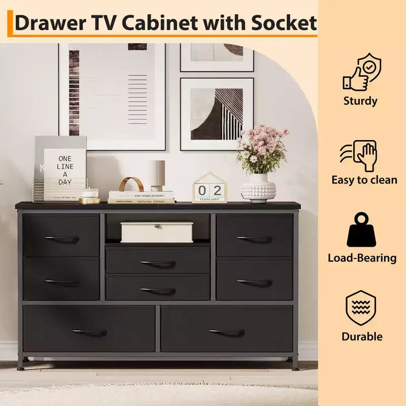 Meuble TV pour chambre à coucher, table console TV avec 8 tiroirs et étagères ouvertes pour salon, couloir