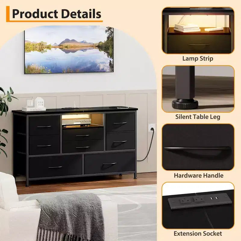 Meuble TV pour chambre à coucher, table console TV avec 8 tiroirs et étagères ouvertes pour salon, couloir