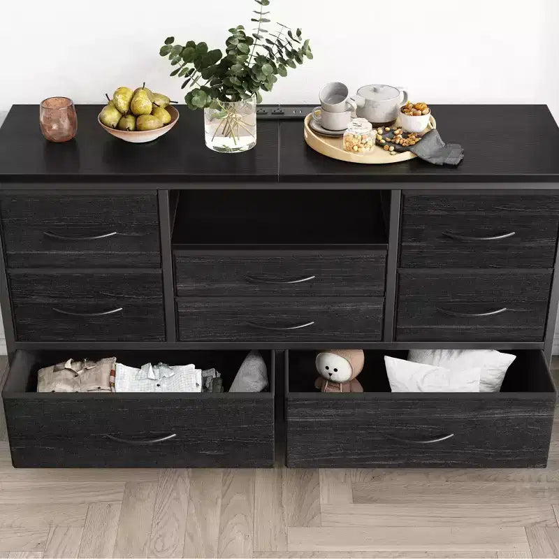 Meuble TV pour chambre à coucher, table console TV avec 8 tiroirs et étagères ouvertes pour salon, couloir