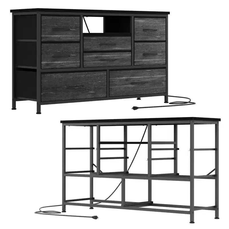 Meuble TV pour chambre à coucher, table console TV avec 8 tiroirs et étagères ouvertes pour salon, couloir