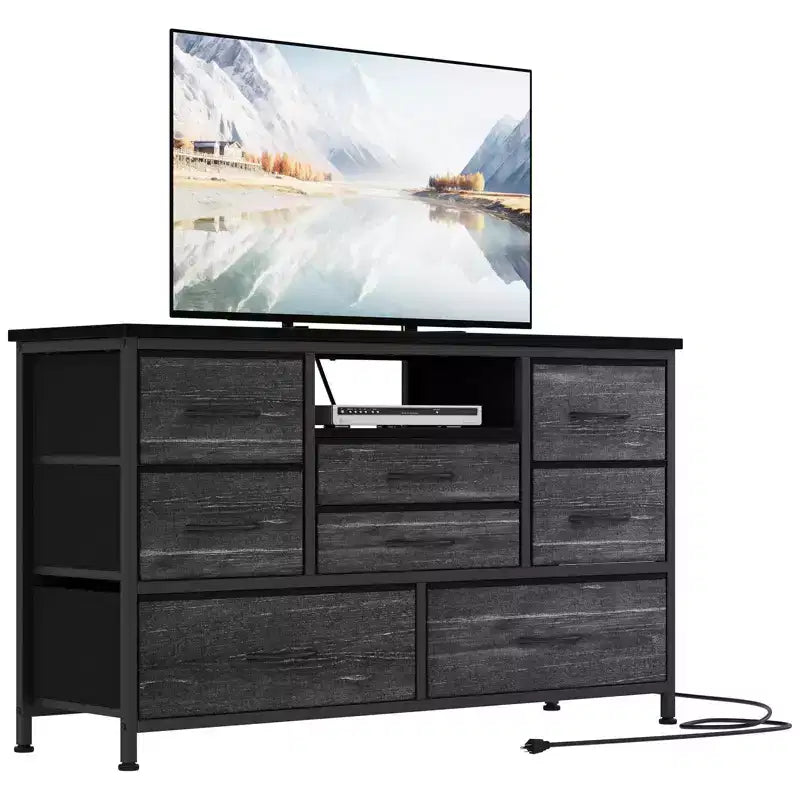 Meuble TV pour chambre à coucher, table console TV avec 8 tiroirs et étagères ouvertes pour salon, couloir