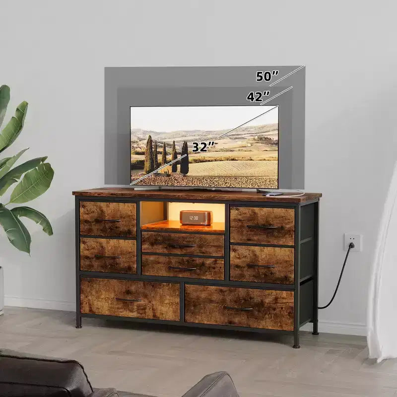 Meuble TV pour chambre à coucher, table console TV avec 8 tiroirs et étagères ouvertes pour salon, couloir