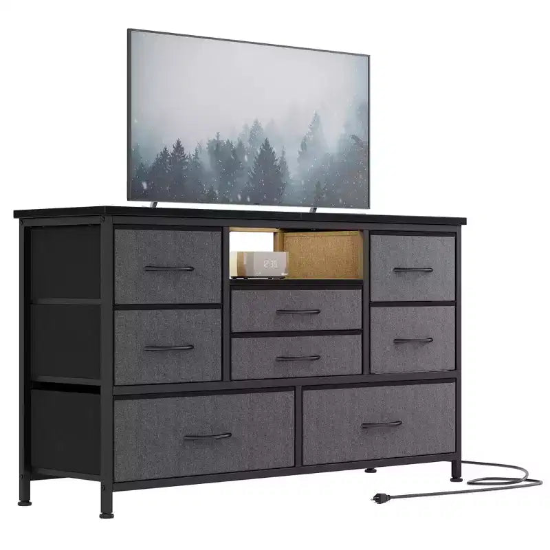 Meuble TV pour chambre à coucher, table console TV avec 8 tiroirs et étagères ouvertes pour salon, couloir