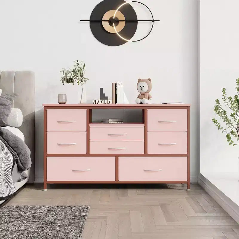 Meuble TV pour chambre à coucher, table console TV avec 8 tiroirs et étagères ouvertes pour salon, couloir