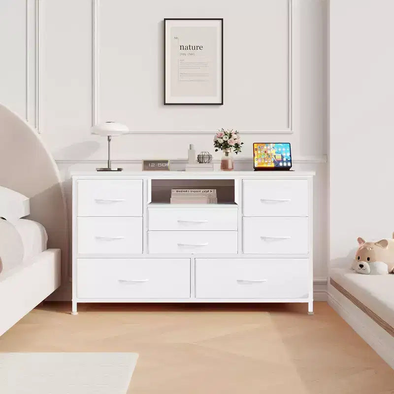 Meuble TV pour chambre à coucher, table console TV avec 8 tiroirs et étagères ouvertes pour salon, couloir