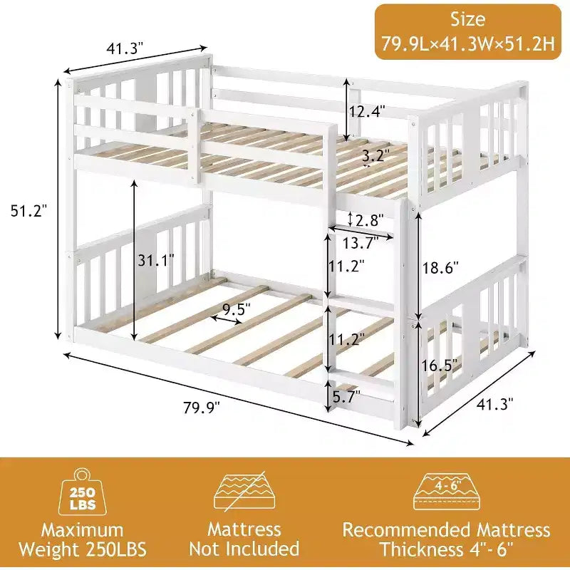 Lit superposé jumeau sur jumeau bas, structure en bois de pin massif avec échelle intégrée, convertible en 2 lits jumeaux, lit au sol peu encombrant pour chambre à coucher, blanc