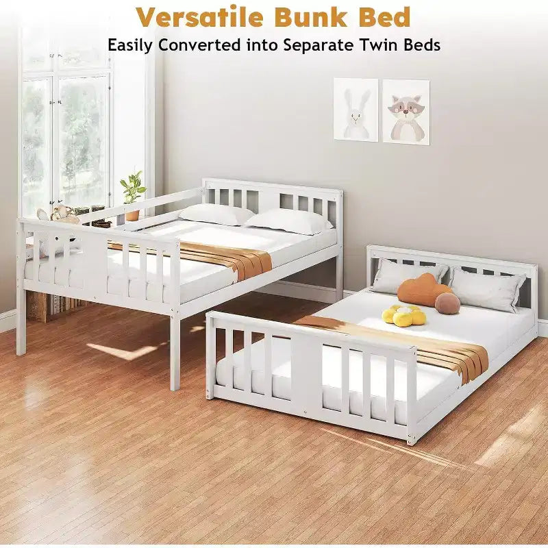 Lit superposé jumeau sur jumeau bas, structure en bois de pin massif avec échelle intégrée, convertible en 2 lits jumeaux, lit au sol peu encombrant pour chambre à coucher, blanc