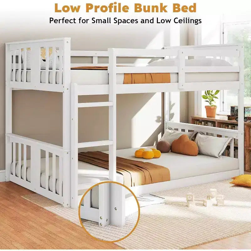 Lit superposé jumeau sur jumeau bas, structure en bois de pin massif avec échelle intégrée, convertible en 2 lits jumeaux, lit au sol peu encombrant pour chambre à coucher, blanc
