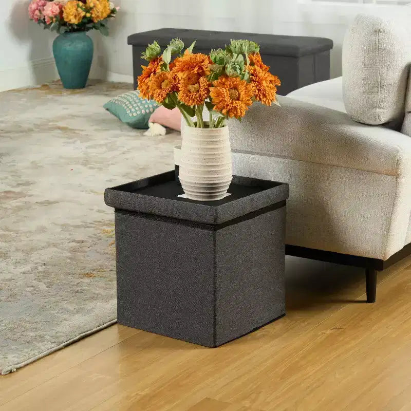 Pouf de rangement, Petit pouf pliant carré pour salon ou chambre à coucher, Repose-pieds rembourré avec rangement, 38 cm, Gris