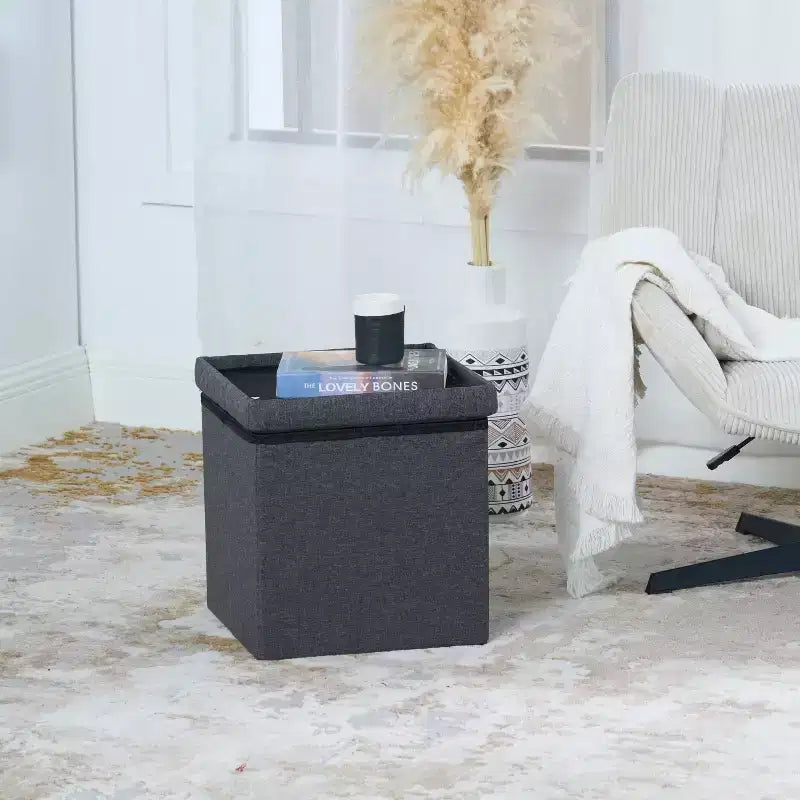 Pouf de rangement, Petit pouf pliant carré pour salon ou chambre à coucher, Repose-pieds rembourré avec rangement, 38 cm, Gris