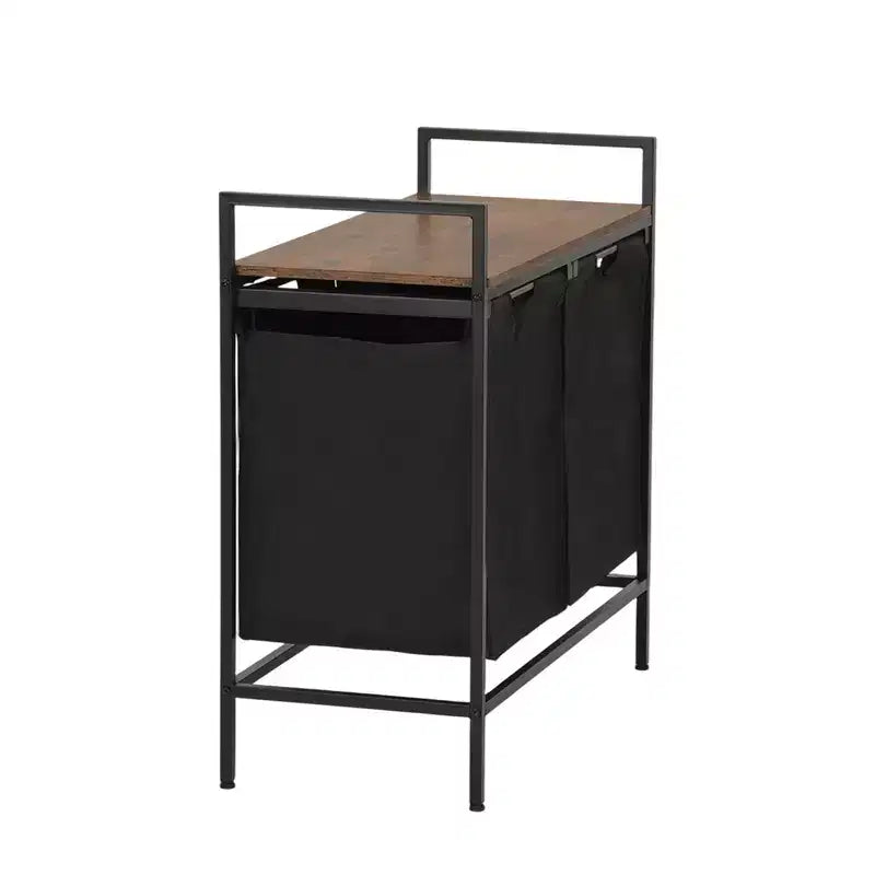 Panier à linge 2 sections avec étagère, trieur de linge à 2 bacs avec sacs amovibles et plateau en bois, panier à linge de 73 cm de large
