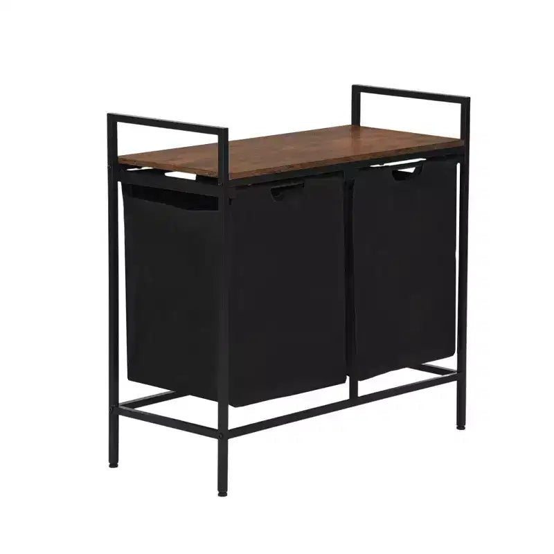 Panier à linge 2 sections avec étagère, trieur de linge à 2 bacs avec sacs amovibles et plateau en bois, panier à linge de 73 cm de large