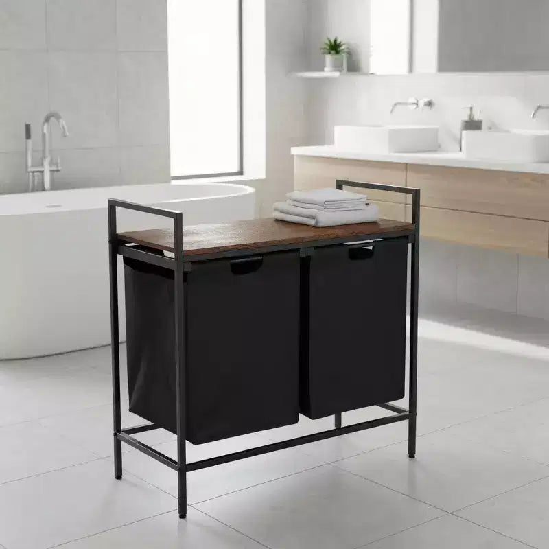 Panier à linge 2 sections avec étagère, trieur de linge à 2 bacs avec sacs amovibles et plateau en bois, panier à linge de 73 cm de large