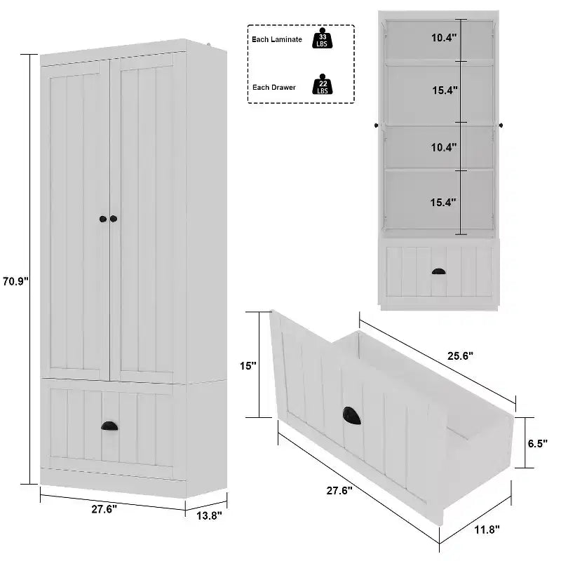 Armoire autoportante avec étagères réglables et tiroir inférieur, Organisateur de vêtements de placard, Meuble de rangement pour chambre à coucher/entrée