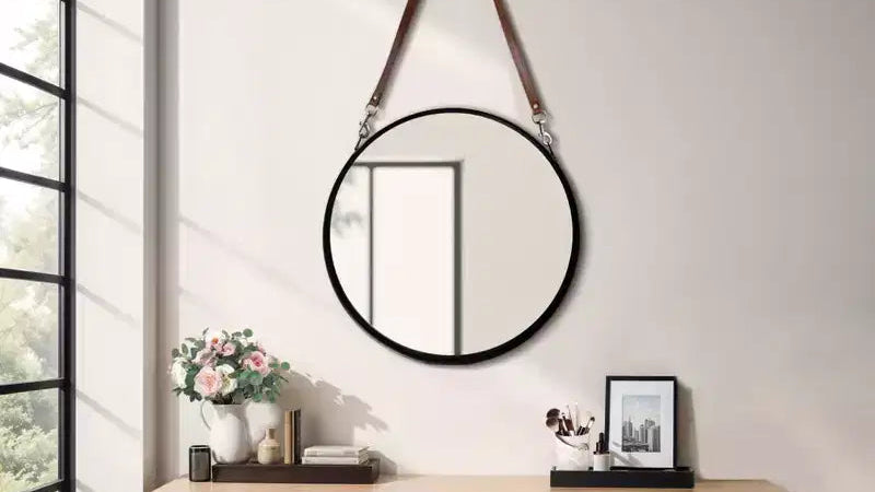 Round Wall Mirror with Hanging Strap - Metal Frame, Faux Leather Strap, Modern Home Decor for Bedroom, Living Room, Office - 3 Black