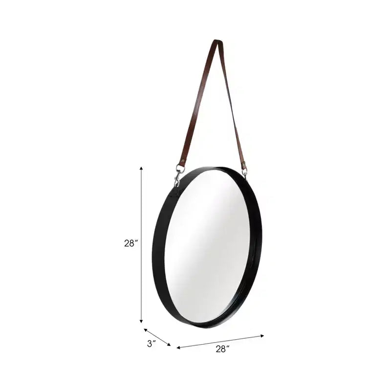 Miroir mural rond avec sangle de suspension - Cadre en métal, sangle en similicuir, décoration intérieure moderne pour chambre, salon, bureau - 3 couleurs : noir