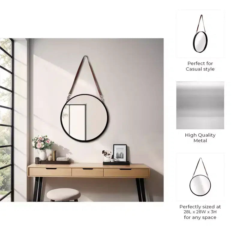 Miroir mural rond avec sangle de suspension - Cadre en métal, sangle en similicuir, décoration intérieure moderne pour chambre, salon, bureau - 3 couleurs : noir