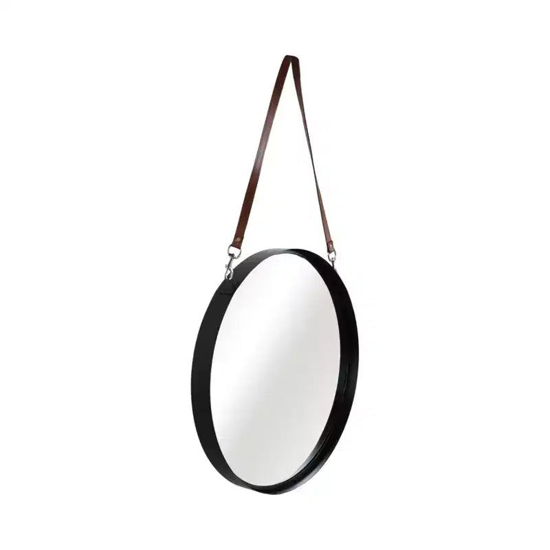 Miroir mural rond avec sangle de suspension - Cadre en métal, sangle en similicuir, décoration intérieure moderne pour chambre, salon, bureau - 3 couleurs : noir