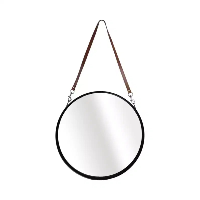 Miroir mural rond avec sangle de suspension - Cadre en métal, sangle en similicuir, décoration intérieure moderne pour chambre, salon, bureau - 3 couleurs : noir