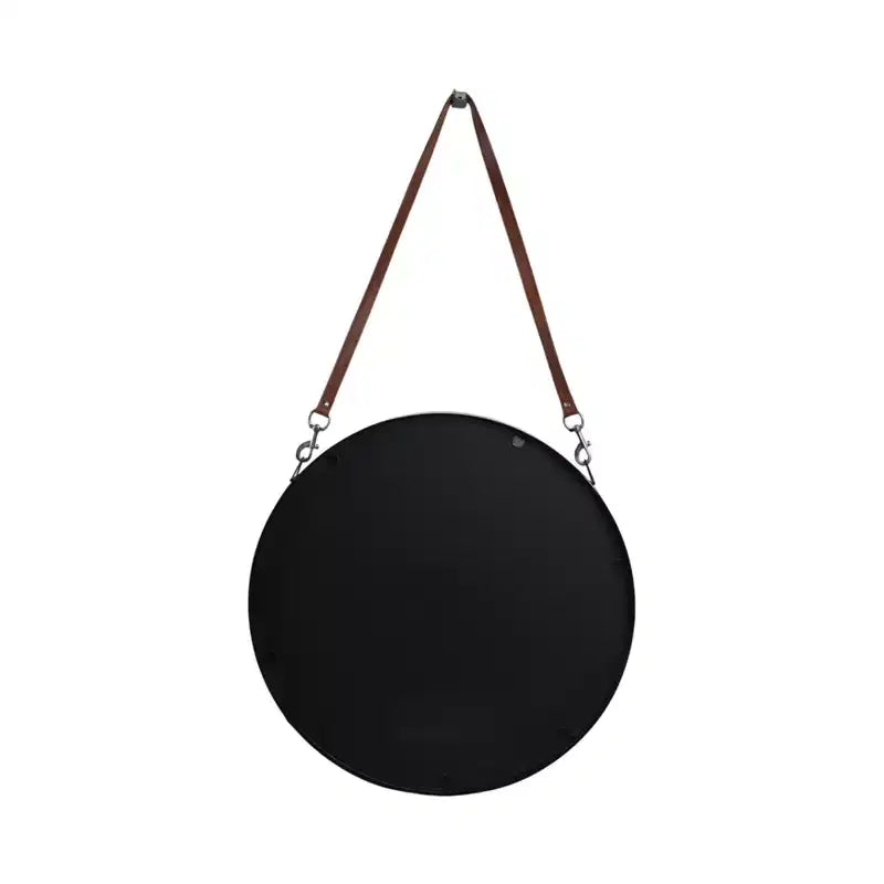 Miroir mural rond avec sangle de suspension - Cadre en métal, sangle en similicuir, décoration intérieure moderne pour chambre, salon, bureau - 3 couleurs : noir