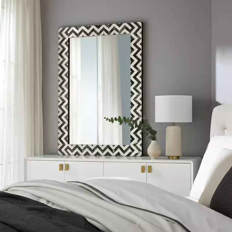 Wall Mirror Resin Wood Glass Modern Chevron Frame 24x1x36 Inch Gray White Decorative Accent for Home Office Bedroom Living Room