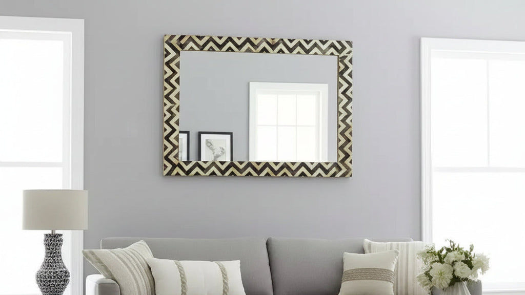 Miroir Mural Résine Bois Verre Cadre Moderne Chevron 24x1x36 Pouces Gris Blanc Accent Décoratif pour Maison Bureau Chambre Salon
