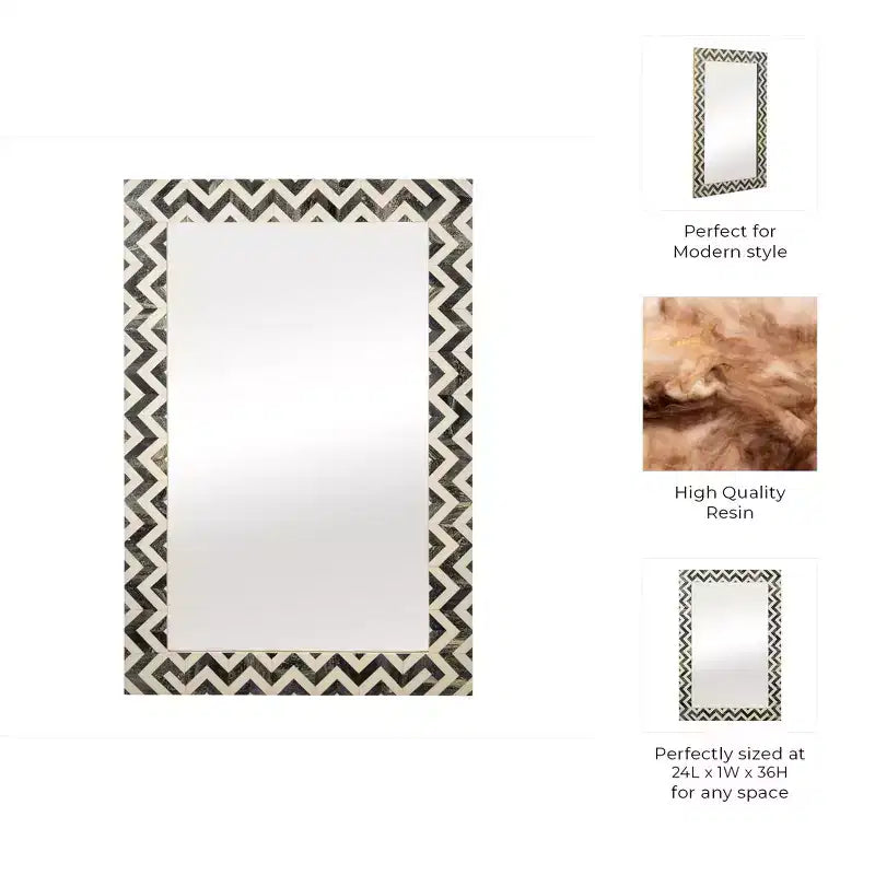 Miroir Mural Résine Bois Verre Cadre Moderne Chevron 24x1x36 Pouces Gris Blanc Accent Décoratif pour Maison Bureau Chambre Salon