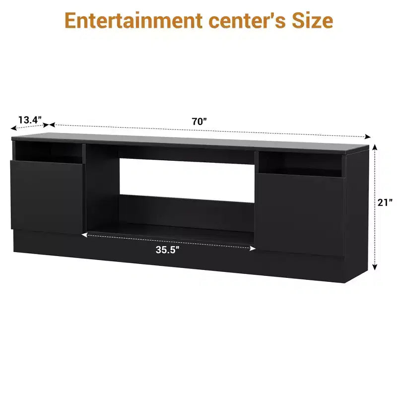 Meuble TV moderne avec rangement jusqu'à 75", noir, pour salon (foyer non inclus)