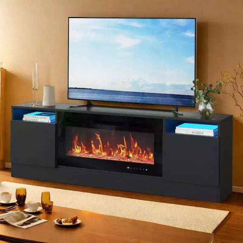 Meuble TV moderne avec rangement jusqu'à 75", noir, pour salon (foyer non inclus)