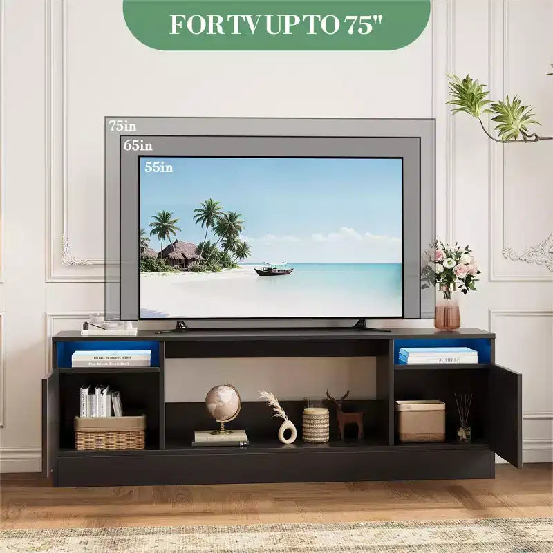 Meuble TV moderne avec rangement jusqu'à 75", noir, pour salon (foyer non inclus)