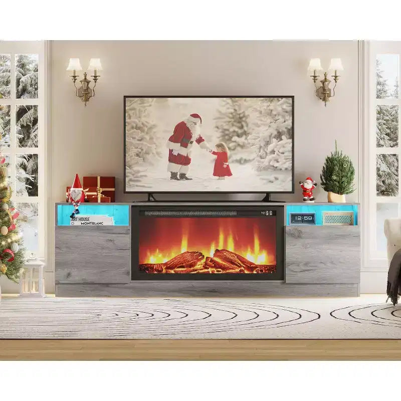 Meuble TV moderne avec rangement jusqu'à 75", noir, pour salon (foyer non inclus)