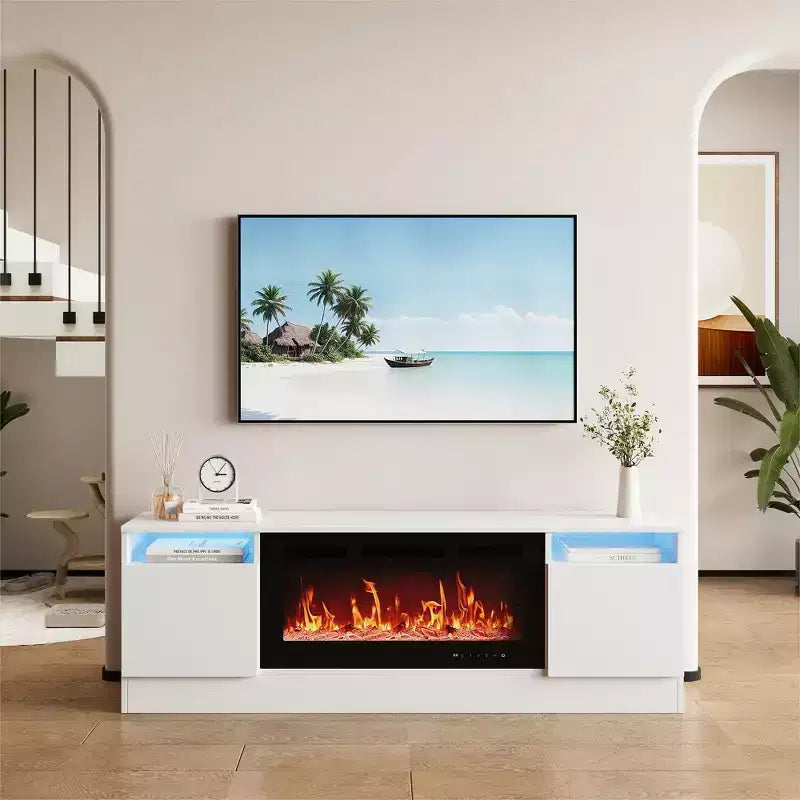 Meuble TV moderne avec rangement jusqu'à 75", noir, pour salon (foyer non inclus)