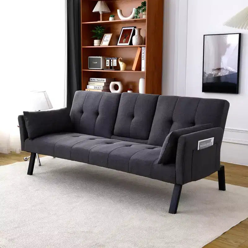 Canapé-lit multifonctionnel en coton de 70 pouces avec porte-gobelet, rangement latéral pour salon ou chambre à coucher, noir