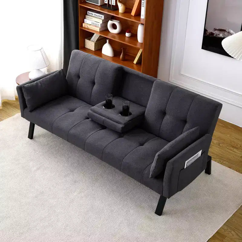 Canapé-lit multifonctionnel en coton de 70 pouces avec porte-gobelet, rangement latéral pour salon ou chambre à coucher, noir