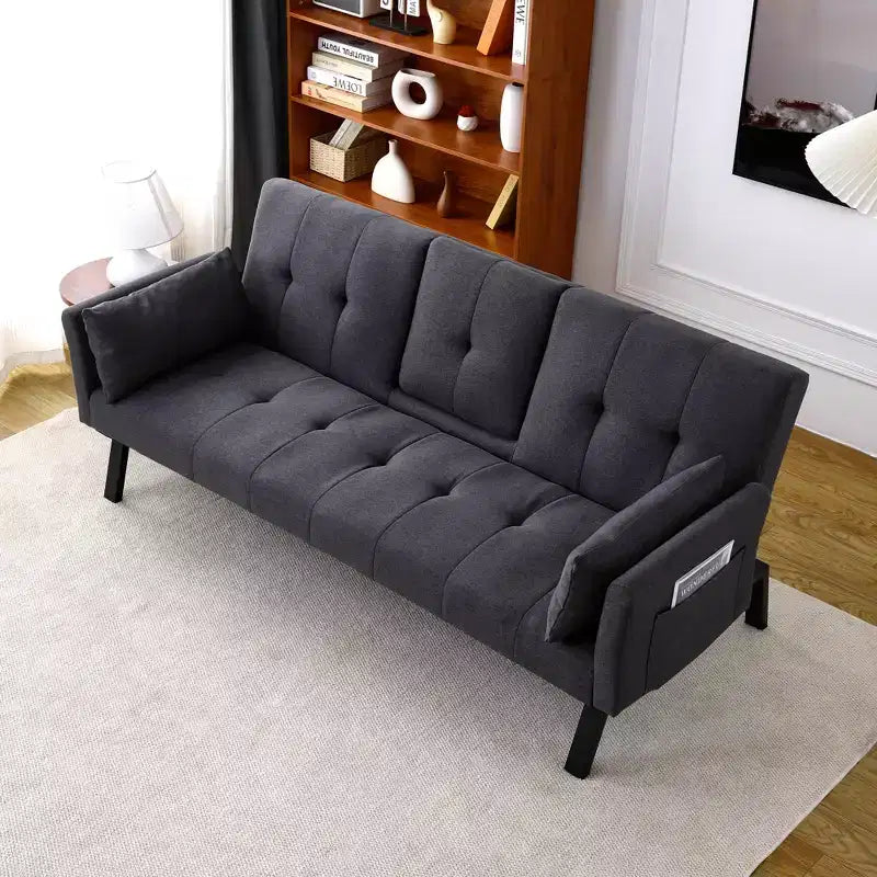 Canapé-lit multifonctionnel en coton de 70 pouces avec porte-gobelet, rangement latéral pour salon ou chambre à coucher, noir