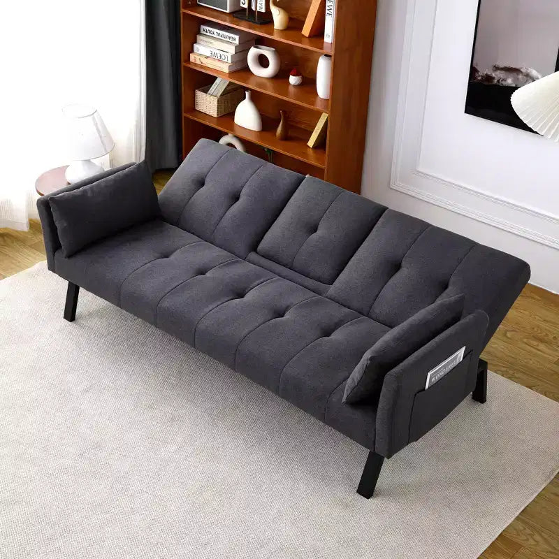 Canapé-lit multifonctionnel en coton de 70 pouces avec porte-gobelet, rangement latéral pour salon ou chambre à coucher, noir
