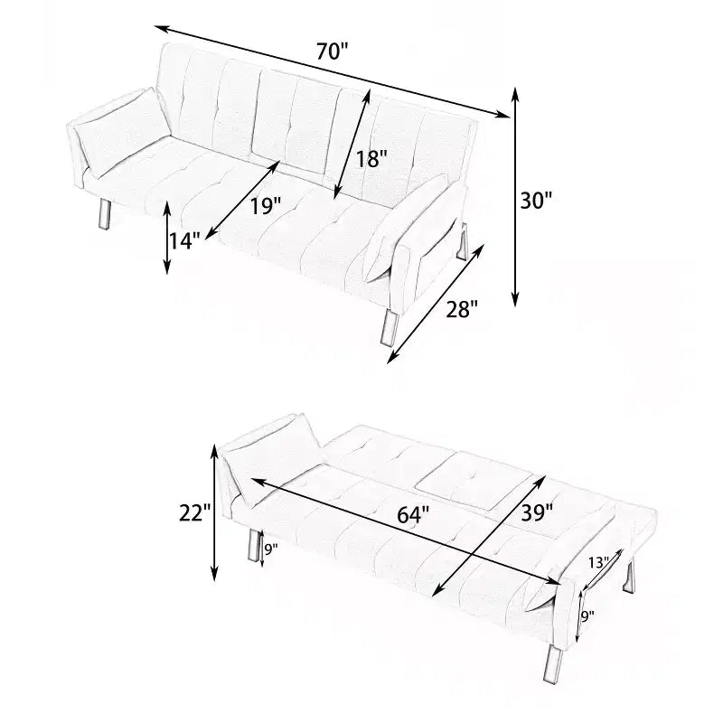 Canapé-lit multifonctionnel en coton de 70 pouces avec porte-gobelet, rangement latéral pour salon ou chambre à coucher, noir