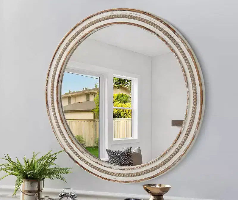 Miroir mural rond décoratif en bois de ferme avec perles