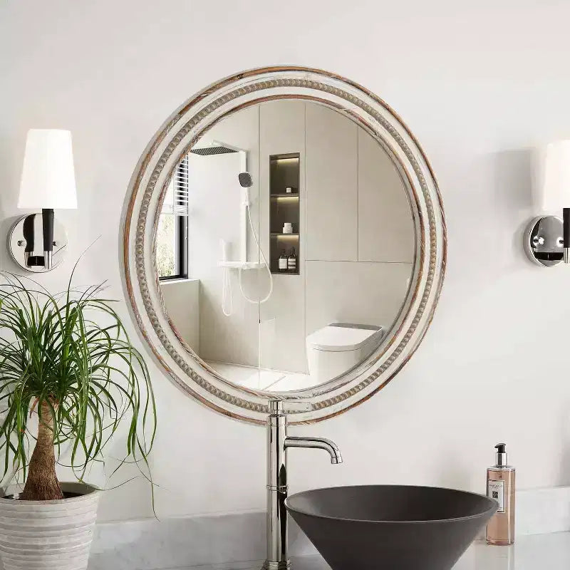 Miroir mural rond décoratif en bois de ferme avec perles