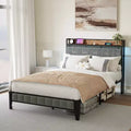 Linen Upholstered Platform Bed Frame with Storage Headboard & Lights  Built-In Charging Station, Heavy-Duty Metal Slats, Grey