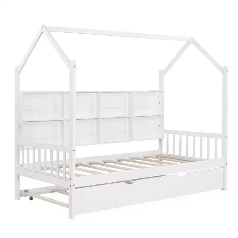 Lit cabane double avec lit gigogne et étagères de rangement, lit Montessori pour enfants en bois, cadre de lit tente de jeu pour filles et garçons, blanc
