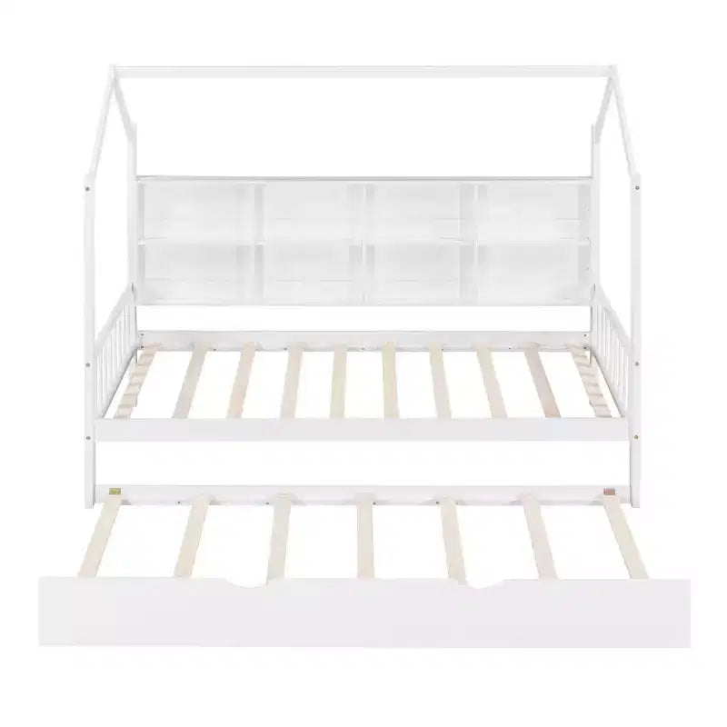 Lit cabane double avec lit gigogne et étagères de rangement, lit Montessori pour enfants en bois, cadre de lit tente de jeu pour filles et garçons, blanc