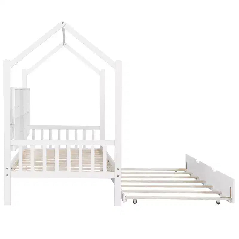 Lit cabane double avec lit gigogne et étagères de rangement, lit Montessori pour enfants en bois, cadre de lit tente de jeu pour filles et garçons, blanc