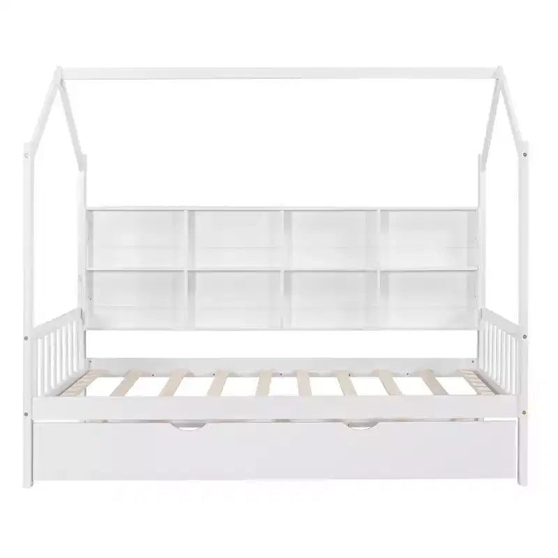 Lit cabane double avec lit gigogne et étagères de rangement, lit Montessori pour enfants en bois, cadre de lit tente de jeu pour filles et garçons, blanc
