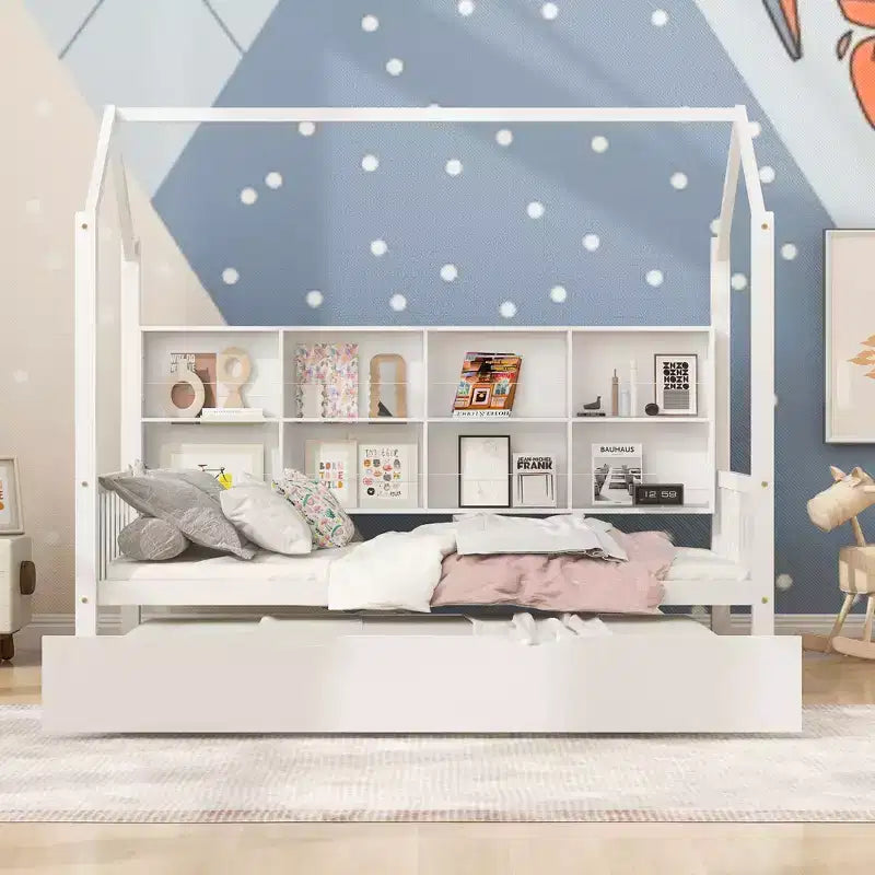 Lit cabane double avec lit gigogne et étagères de rangement, lit Montessori pour enfants en bois, cadre de lit tente de jeu pour filles et garçons, blanc
