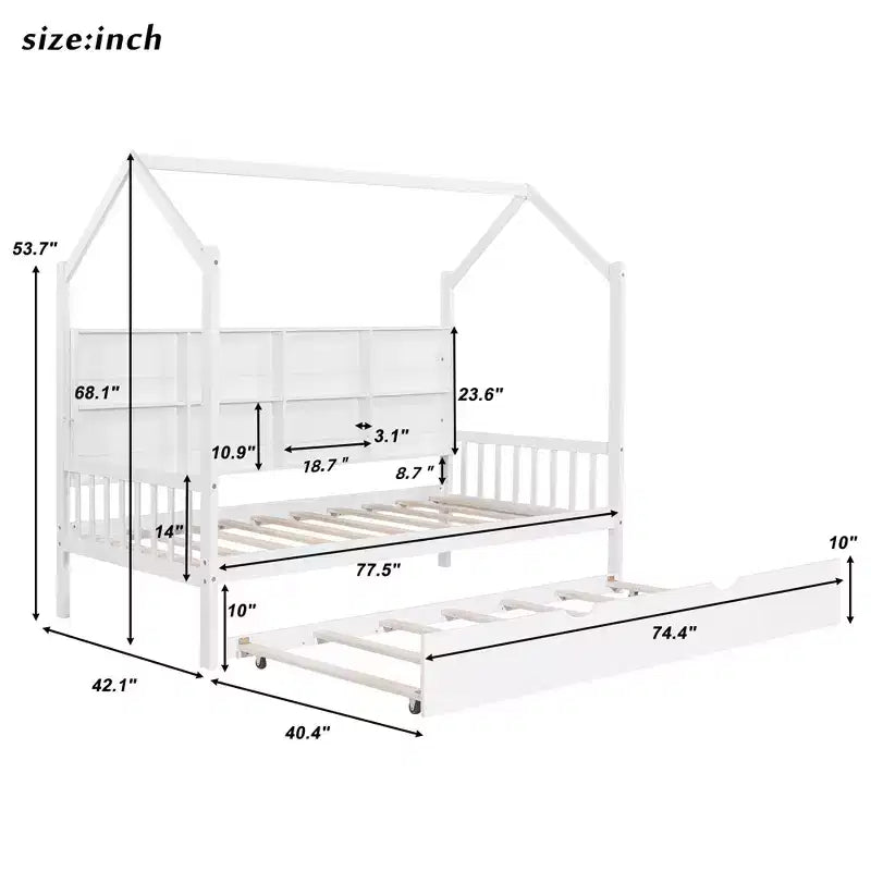 Lit cabane double avec lit gigogne et étagères de rangement, lit Montessori pour enfants en bois, cadre de lit tente de jeu pour filles et garçons, blanc