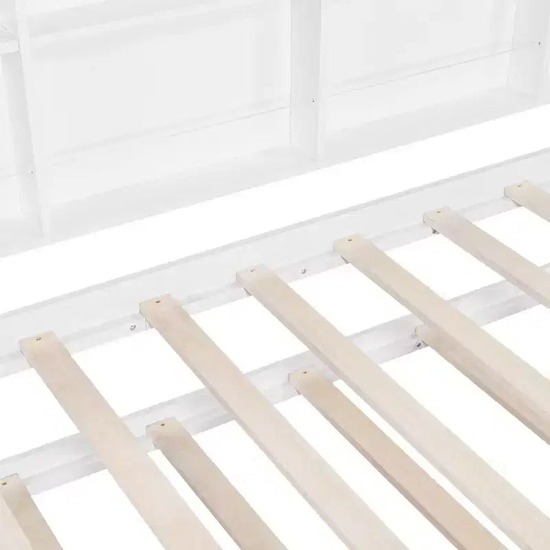 Lit cabane double avec lit gigogne et étagères de rangement, lit Montessori pour enfants en bois, cadre de lit tente de jeu pour filles et garçons, blanc