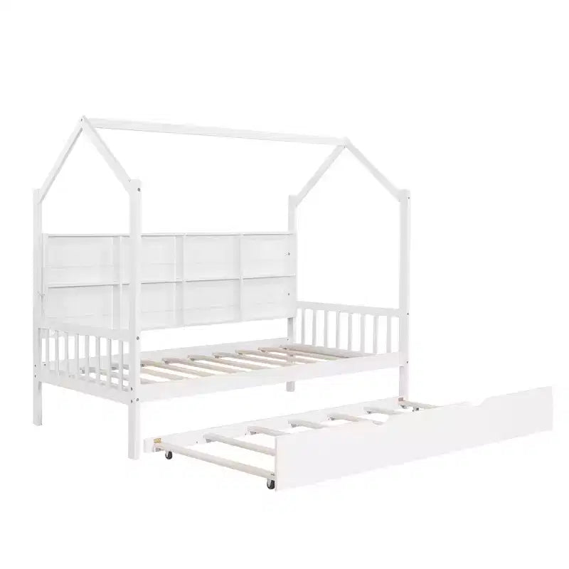 Lit cabane double avec lit gigogne et étagères de rangement, lit Montessori pour enfants en bois, cadre de lit tente de jeu pour filles et garçons, blanc