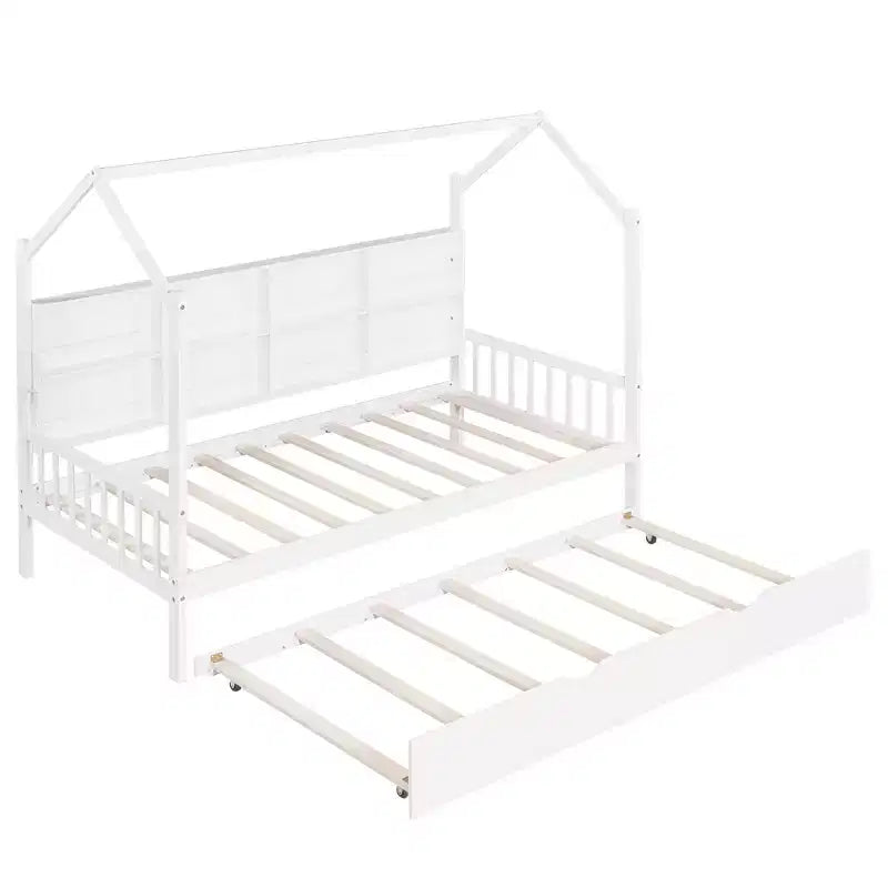 Lit cabane double avec lit gigogne et étagères de rangement, lit Montessori pour enfants en bois, cadre de lit tente de jeu pour filles et garçons, blanc